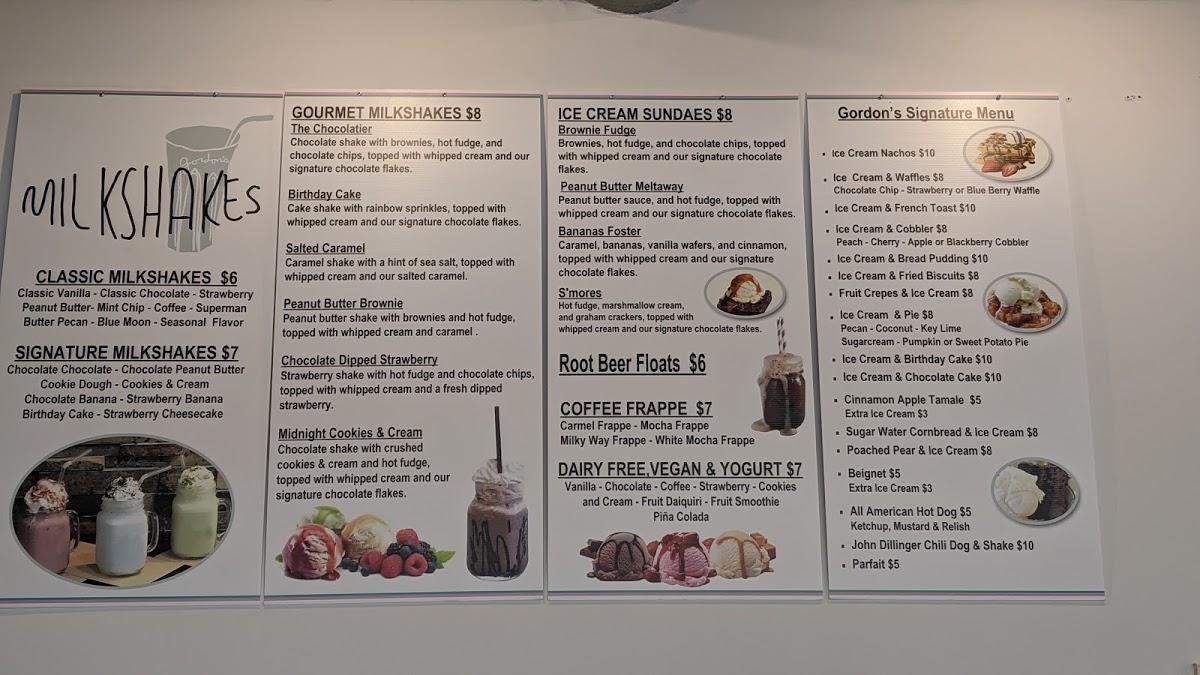 Menu at Gordons Milkshake Bar, Indianapolis