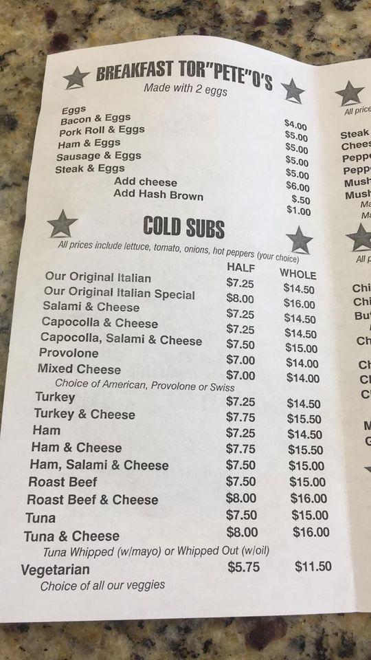 Menu at Pete's Subs restaurant, Egg Harbor Township