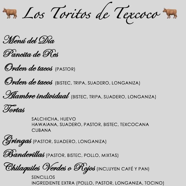 Menu at Taquería Los Toritos De Texcoco restaurant, Texcoco