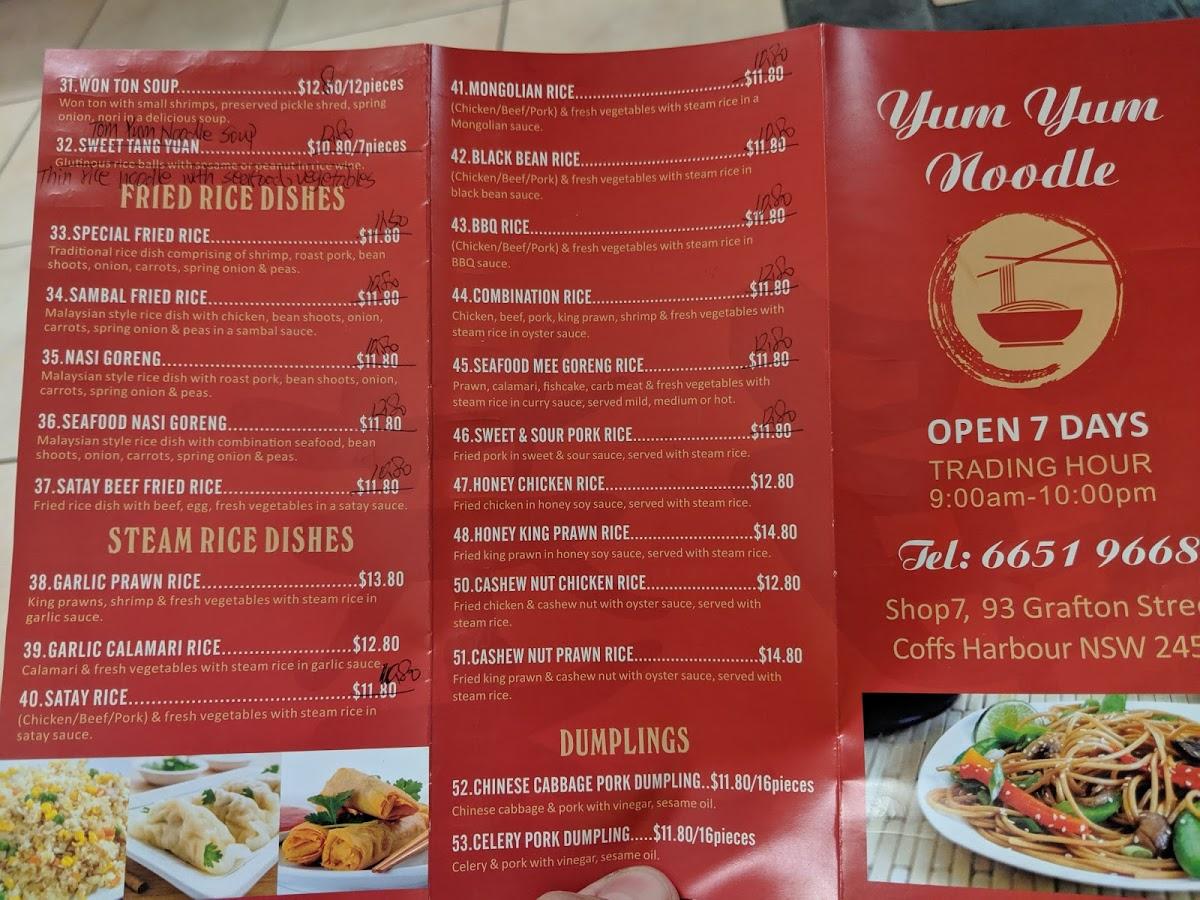 Menu at Yum Yum Noodle restaurant, Coffs Harbour