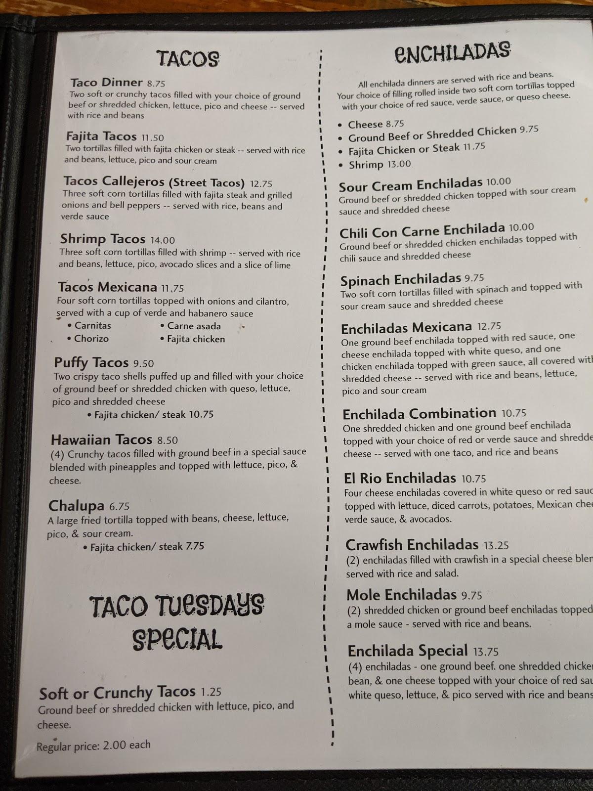 Menu at El Rio Cantina Mexican Restaurant, Natchitoches