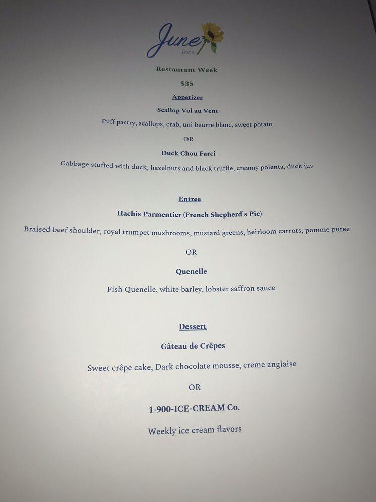 Menu at June BYOB restaurant, Collingswood