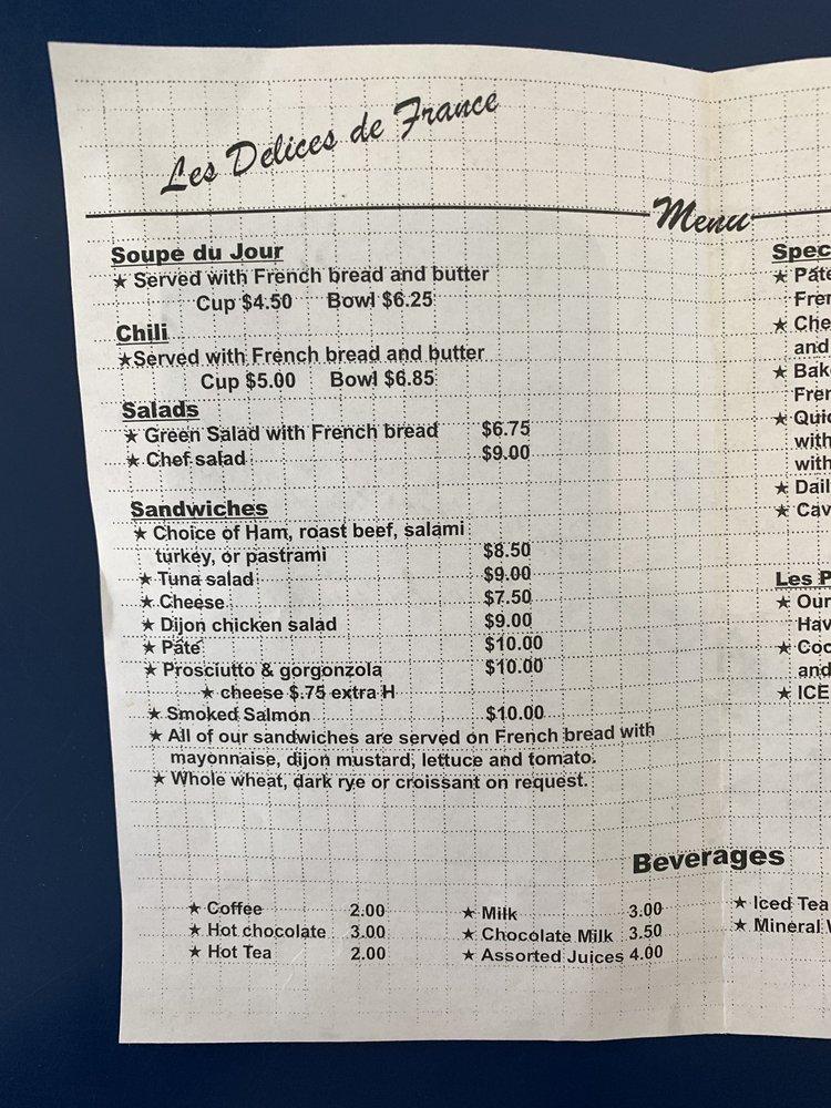 Menu at Les Délices de France restaurant, Vail