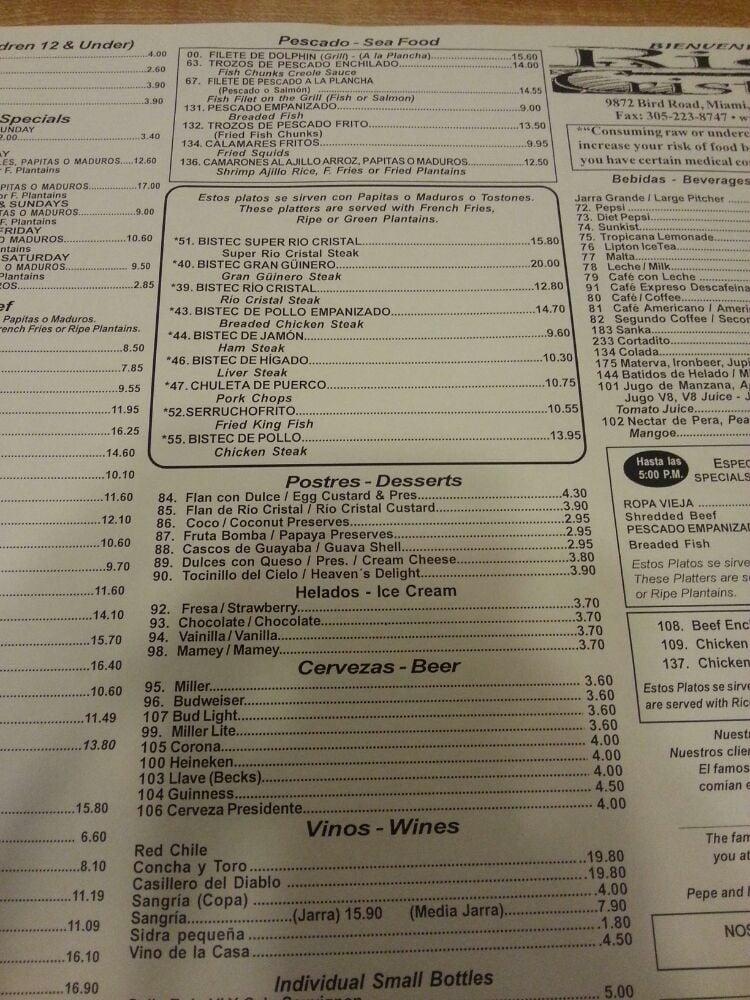 Menu at Original Rio Cristal restaurant, Miami, SW 40th St