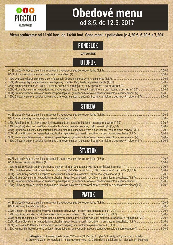 Menu at Piccolo Restaurant, Žilina