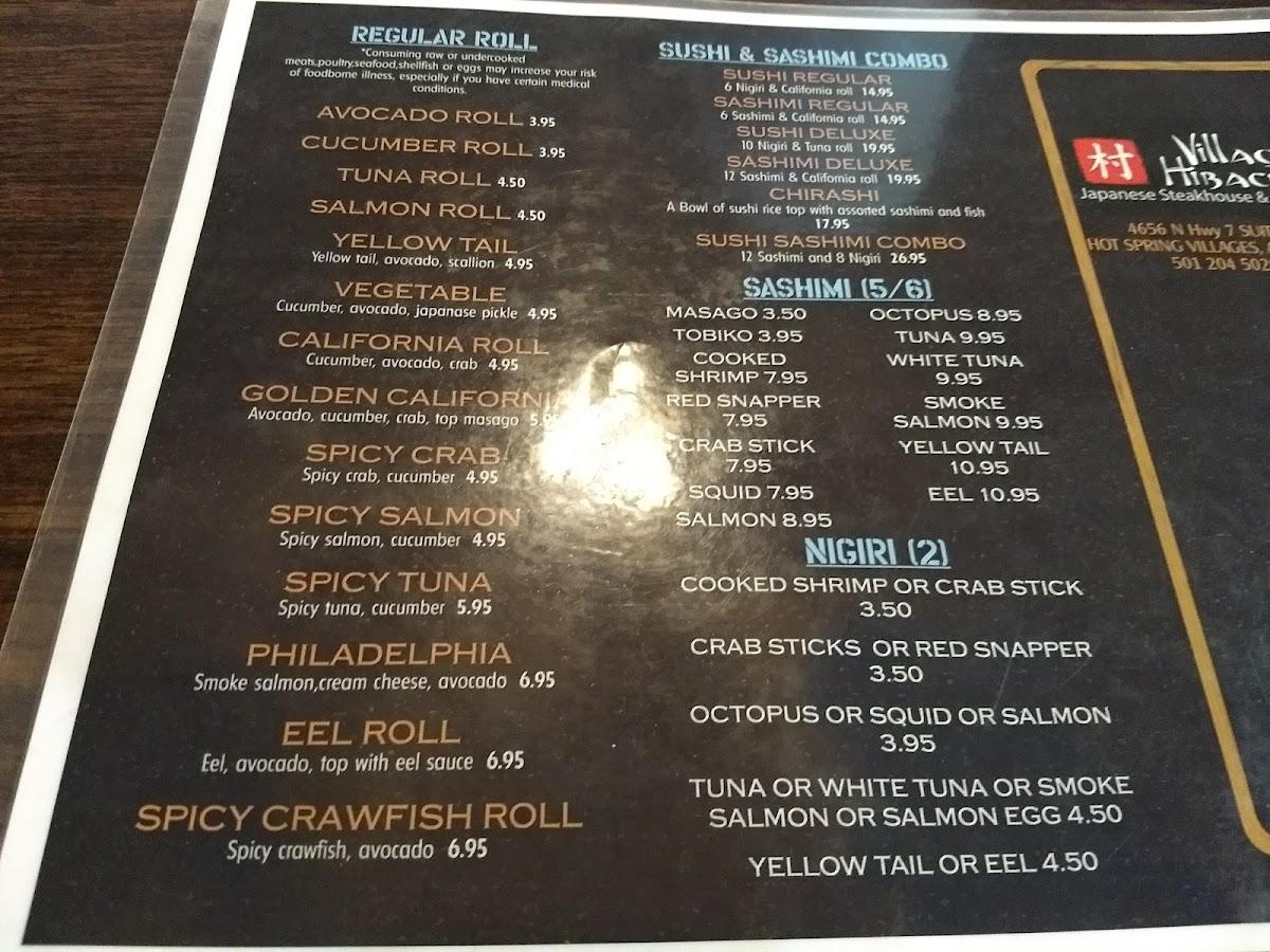Menu at Village Hibachi restaurant, Hot Springs Village, N State Hwy 7