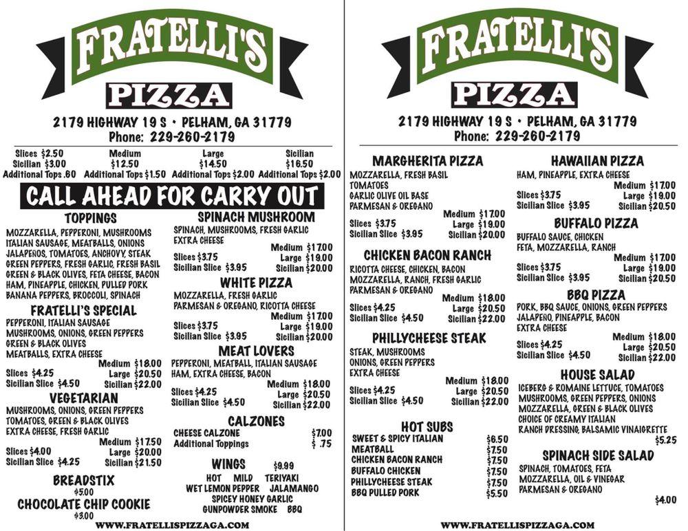 Fratello's pizza company menu