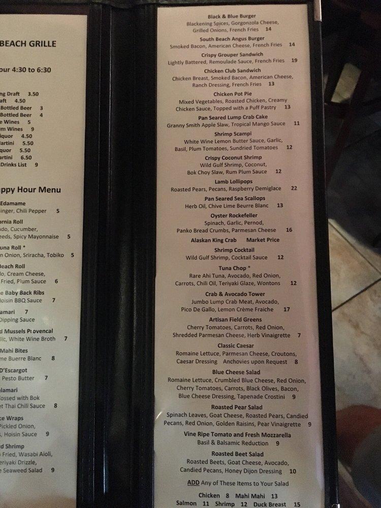 Menu at SOUTH BEACH GRILLE steakhouse, Fort Myers Beach
