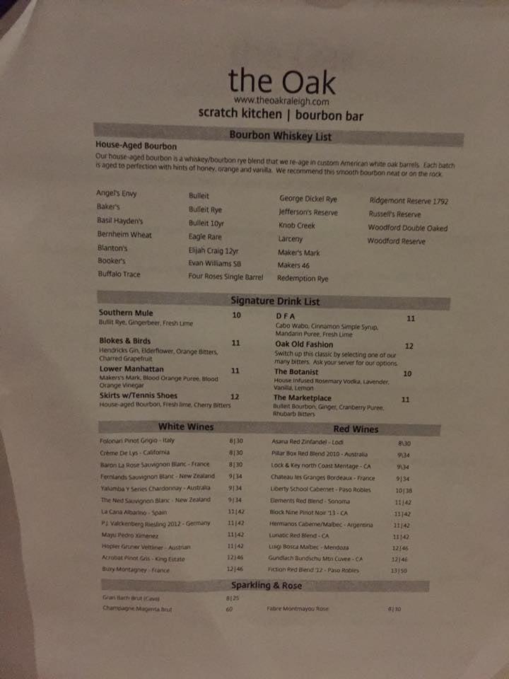 Menu at the Oak, Kitchen Bourbon Bar, Raleigh