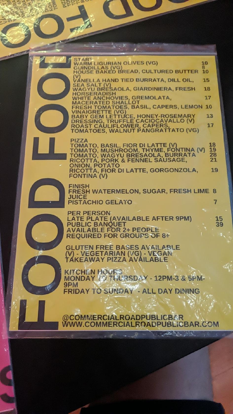 Menu at Commercial Road Public Bar, Newstead