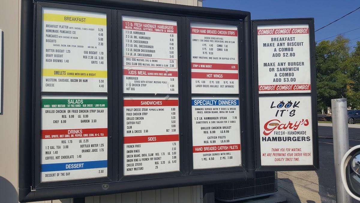 Menu at Gary's Hamburgers fast food, Augusta, Washington Rd