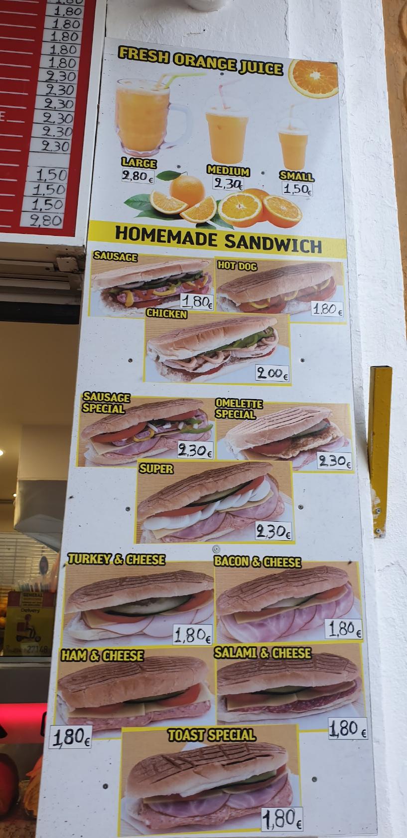 Menu at General Sandwich Bar, Rhodes