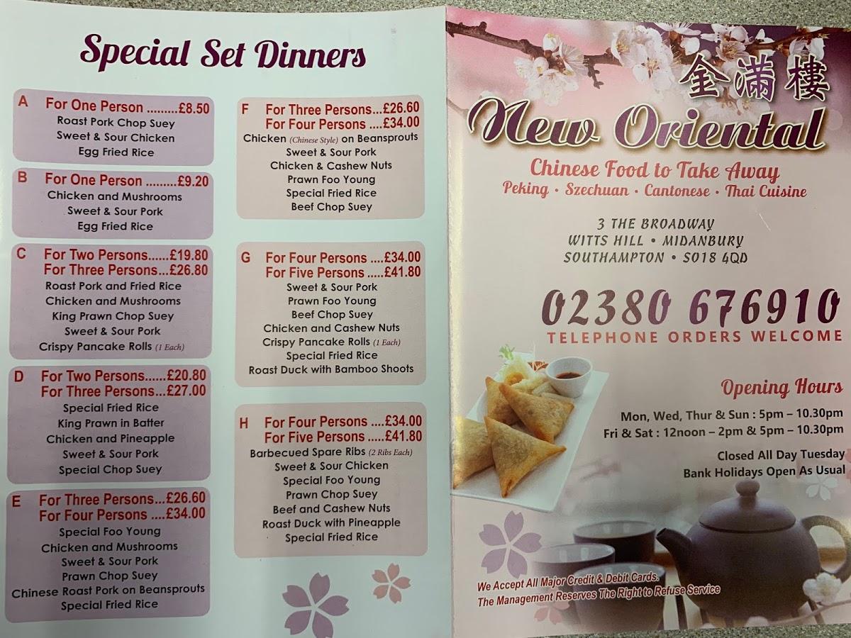 Menu at New Oriental restaurant, Southampton, 3