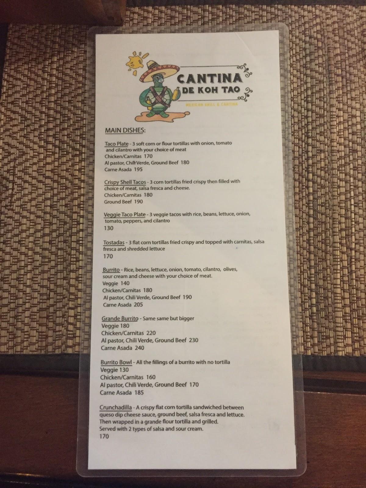 Menu at Cantina De Koh Tao restaurant, Ko Tao