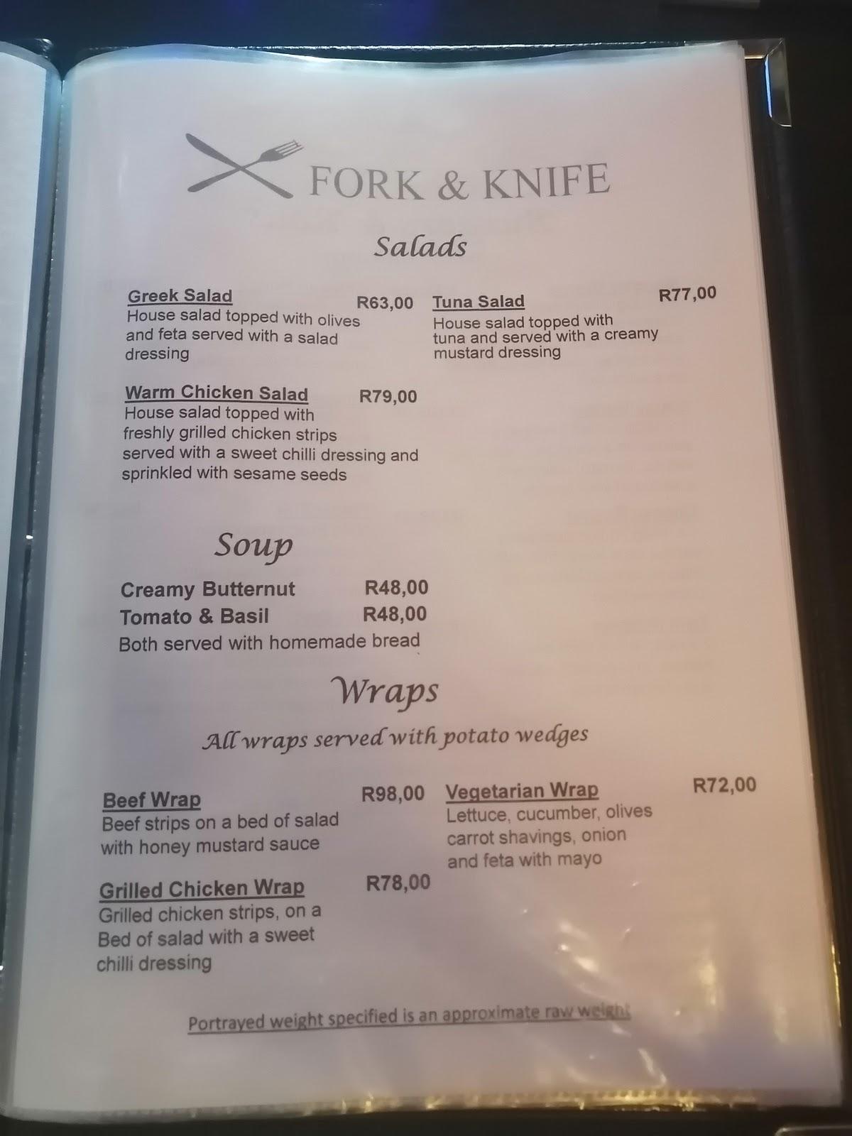 Menu at Fork and Knife Restaurant, Hartbeespoort