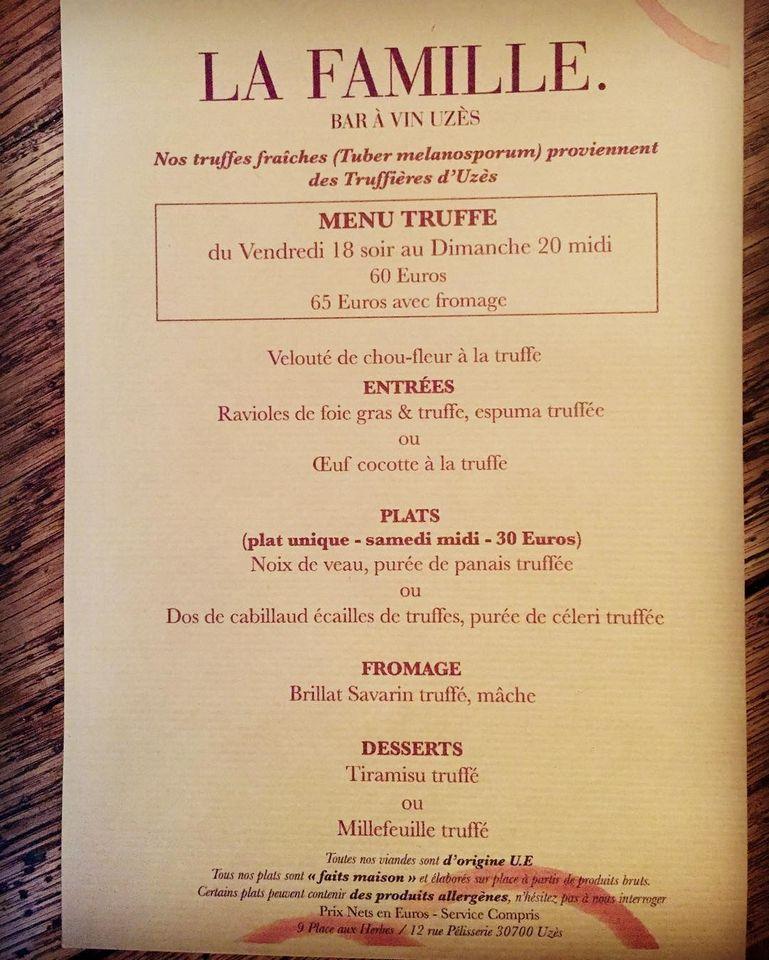 Menu au La Famille pub et bar, Uzès