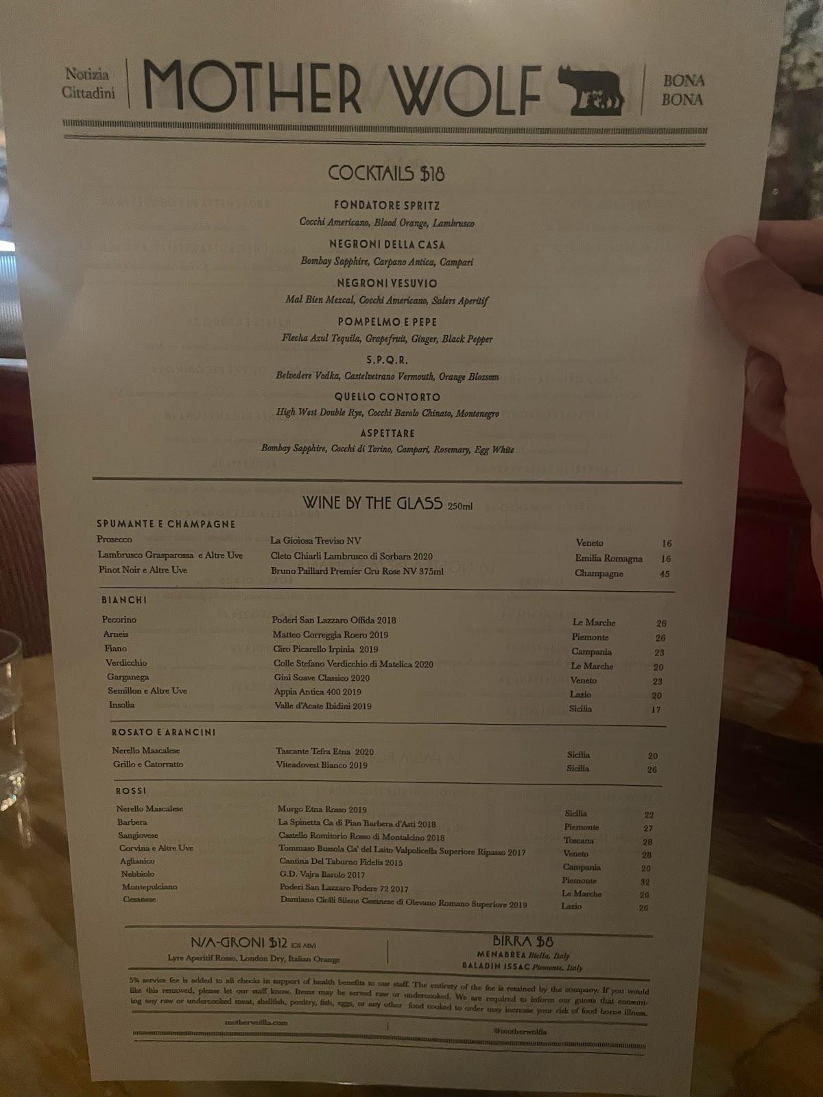 Menu At Mother Wolf Restaurant Los Angeles