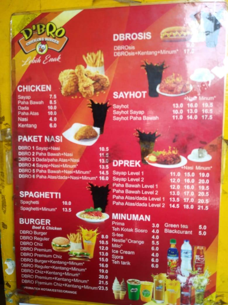 Меню ресторана DBRO Chicken & Burger, Бекаси, Jl. Antara 1 No.4-5