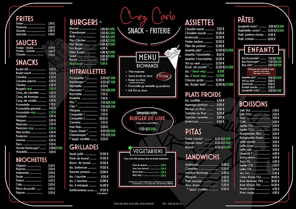 Menu au Friterie Snack Chez Carlo, Wanze