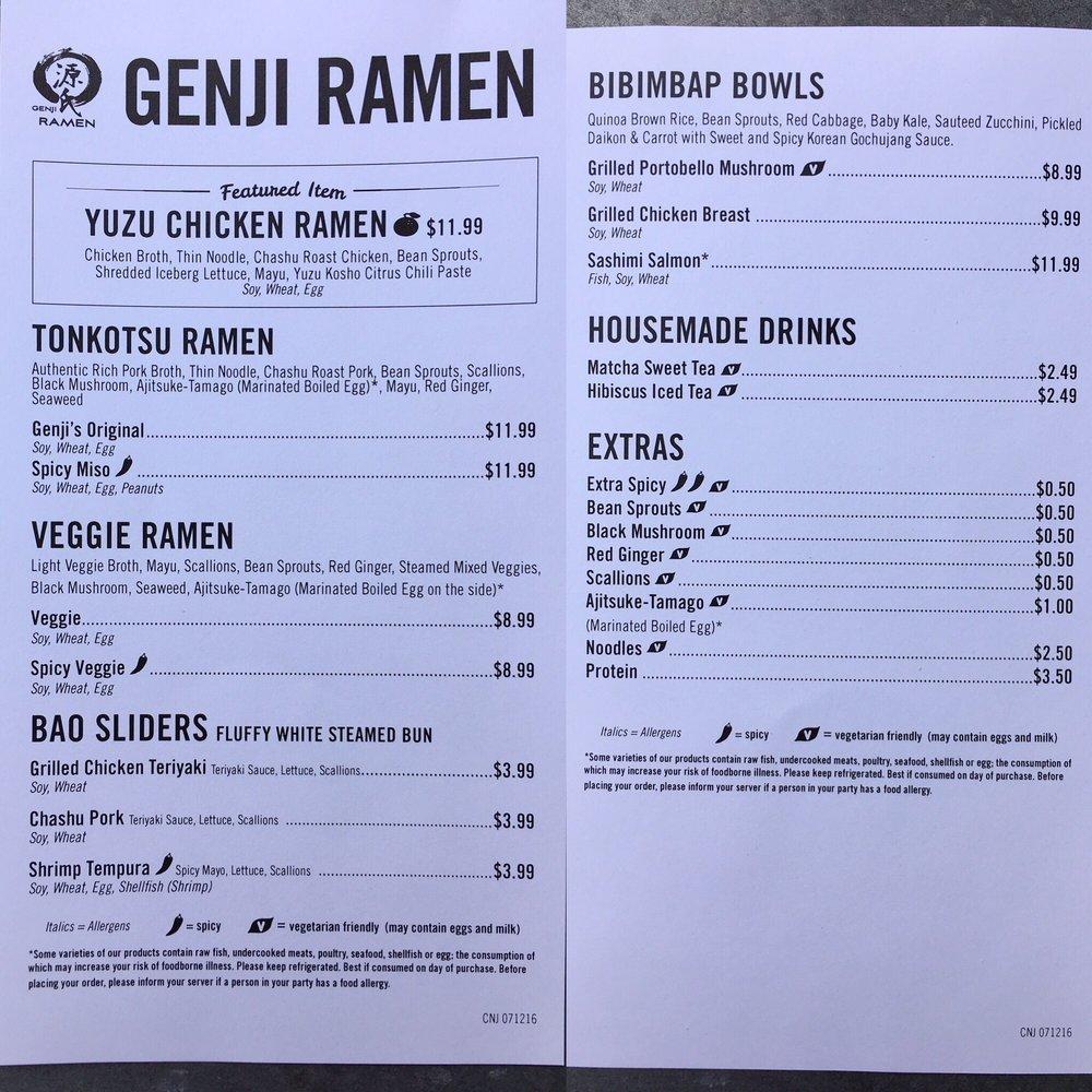 Menu at Genji Ramen restaurant, Cherry Hill