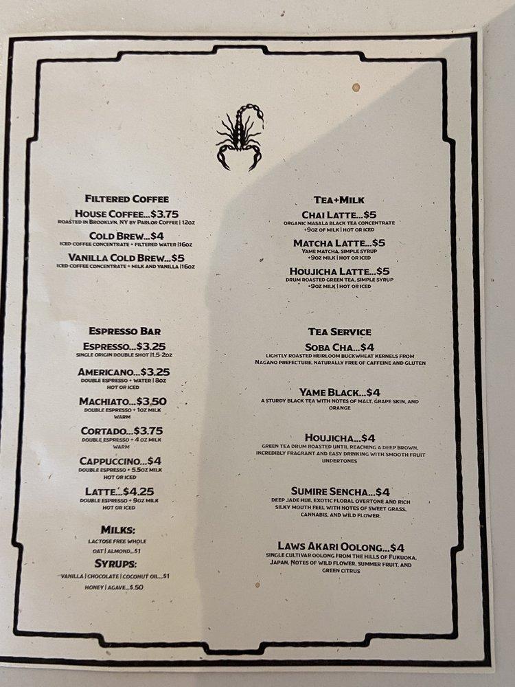 Menu at Scorpion Cafe y Cantina, San Antonio