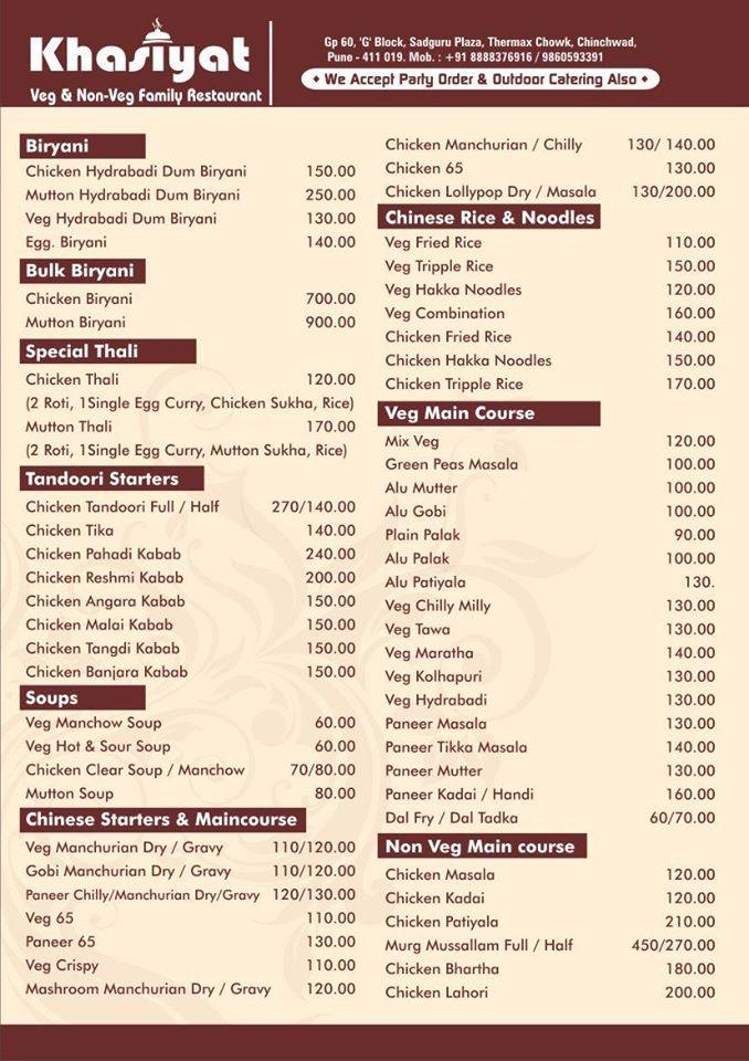 Menu At Khasiyat Veg Non Veg Restaurant Pimpri Chinchwad