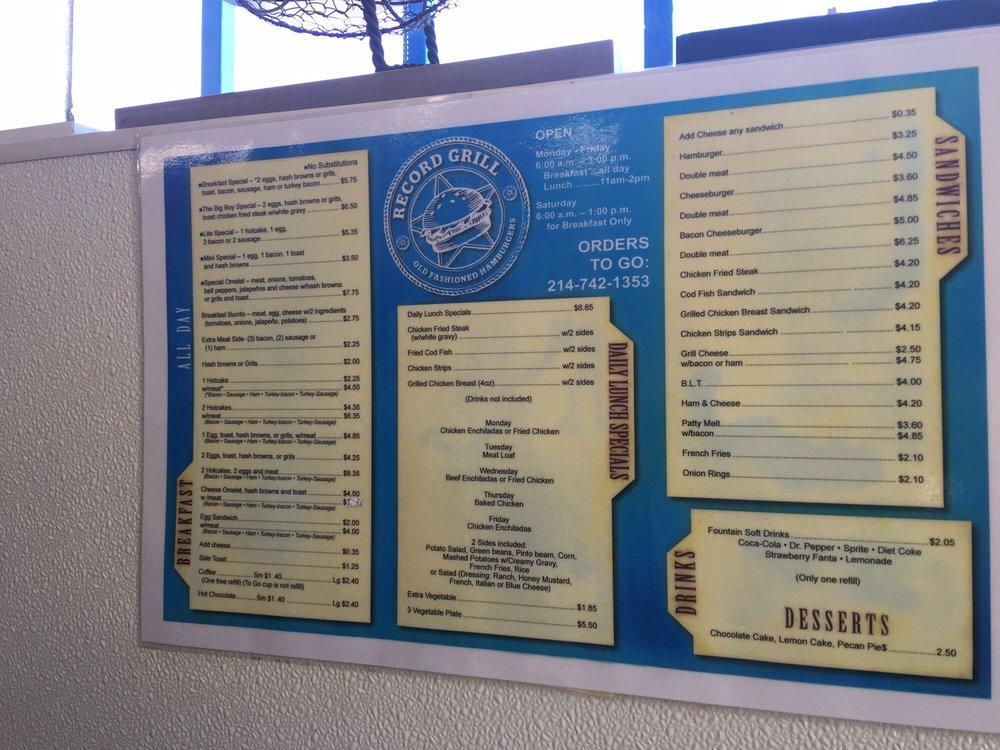 Menu at Record Grill restaurant, Dallas