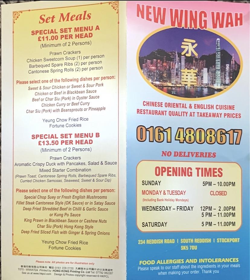 Wing Wah Chinese, 234 Reddish Rd in Stockport Restaurant menu and reviews