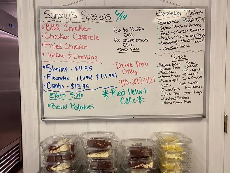 Menu at Duff's Cafe, Beulaville
