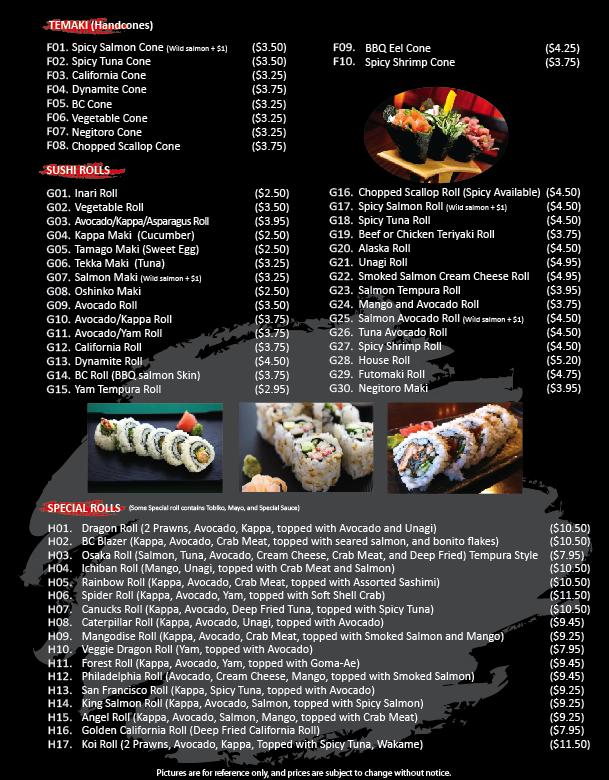 Koi deals sushi menu