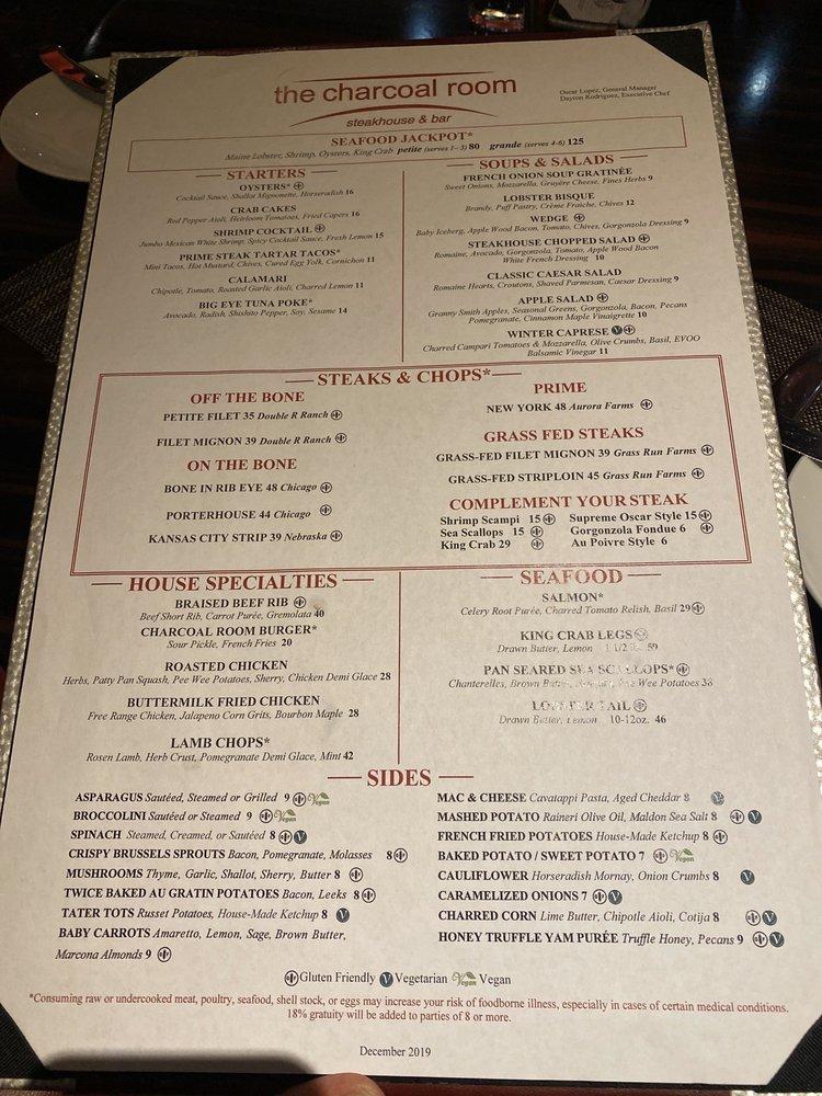 Menu at The Charcoal Room steakhouse, Las Vegas, W Sahara Ave