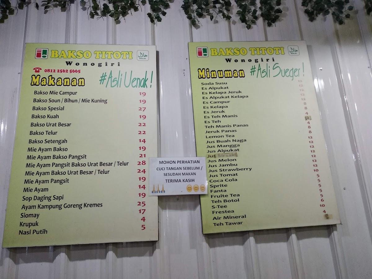 Menu At Bakso Titoti Wonogiri Cempaka Putih Restaurant Jakarta