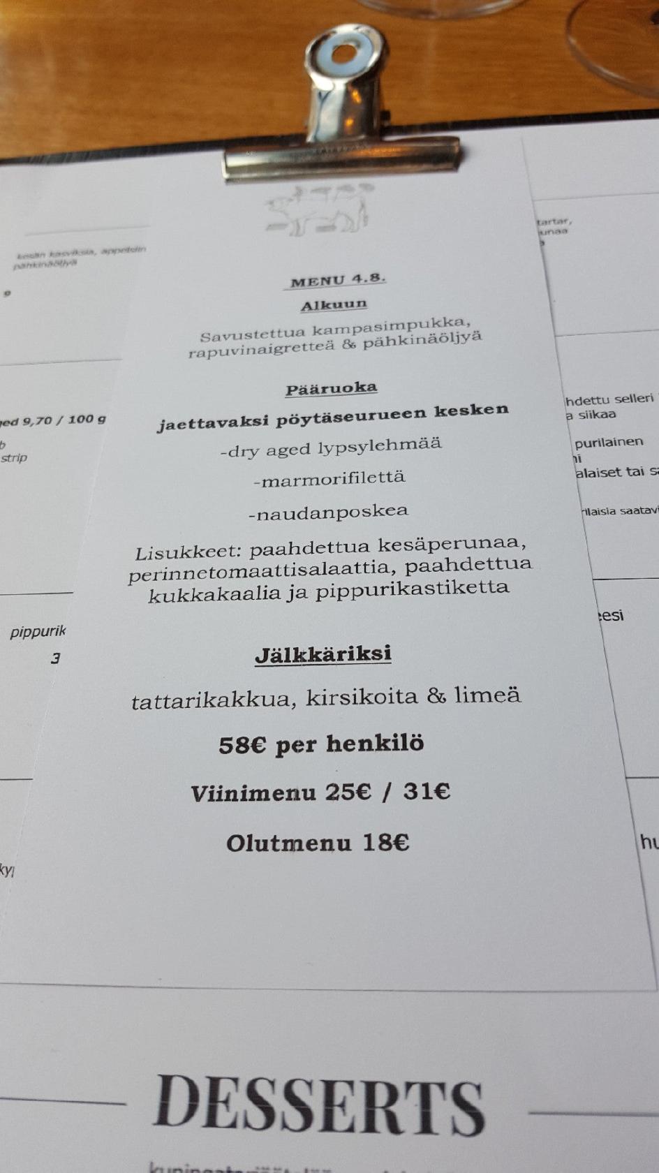 Menu at Ravinteli Huber steakhouse, Tampere