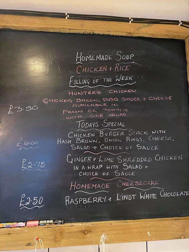 Menu at Shirley’s Takeaway cafe, Beith
