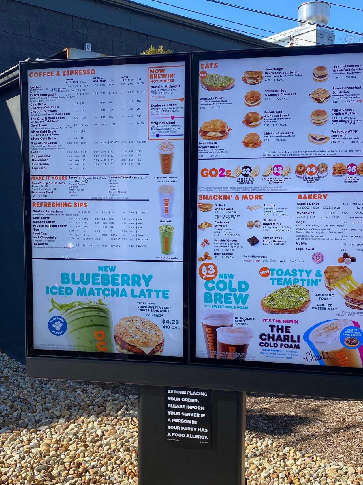 Menu at Dunkin' restaurant, Walpole, 506 High Plain St