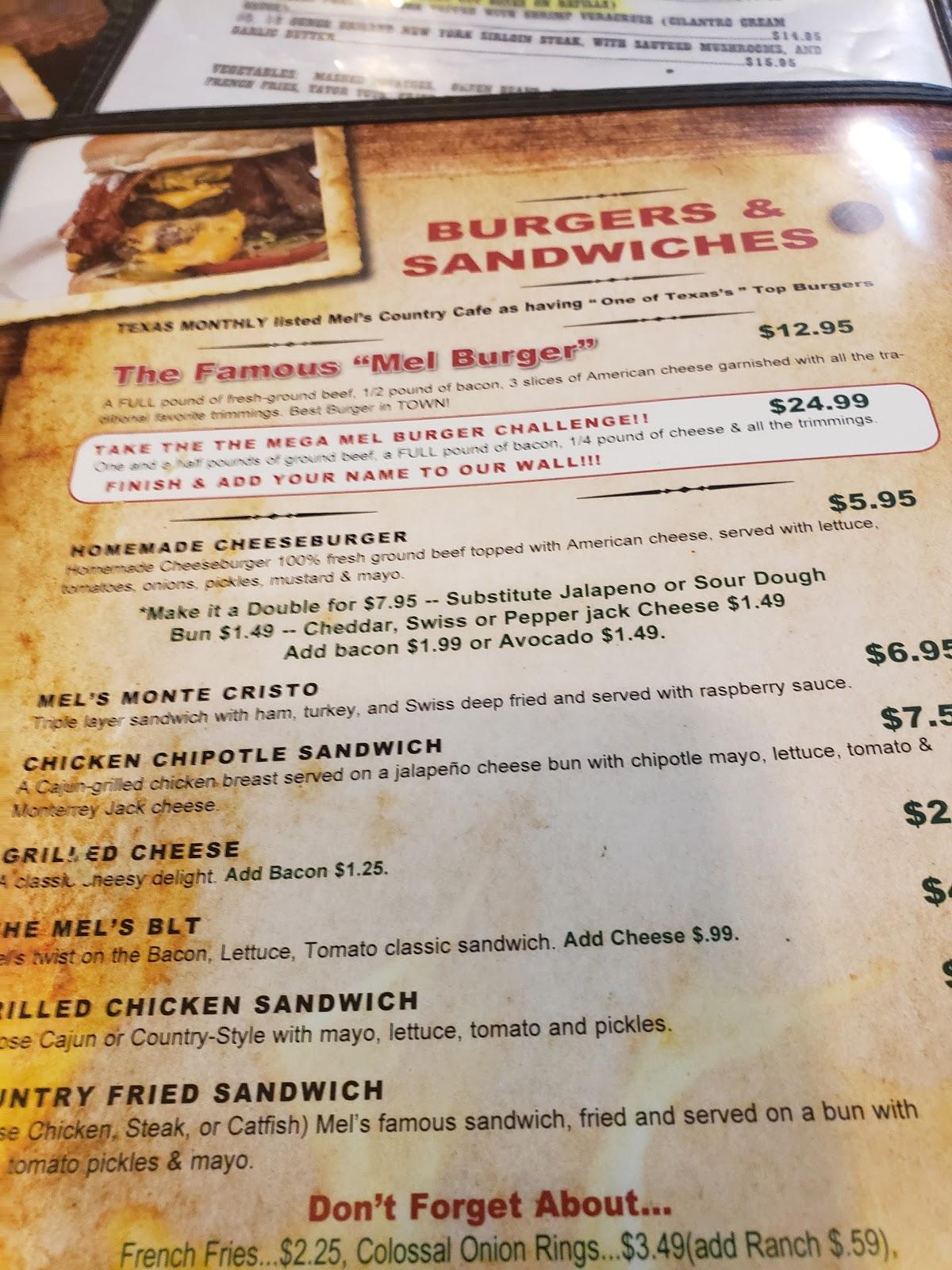 Menu at Mel's Country Cafe, Tomball