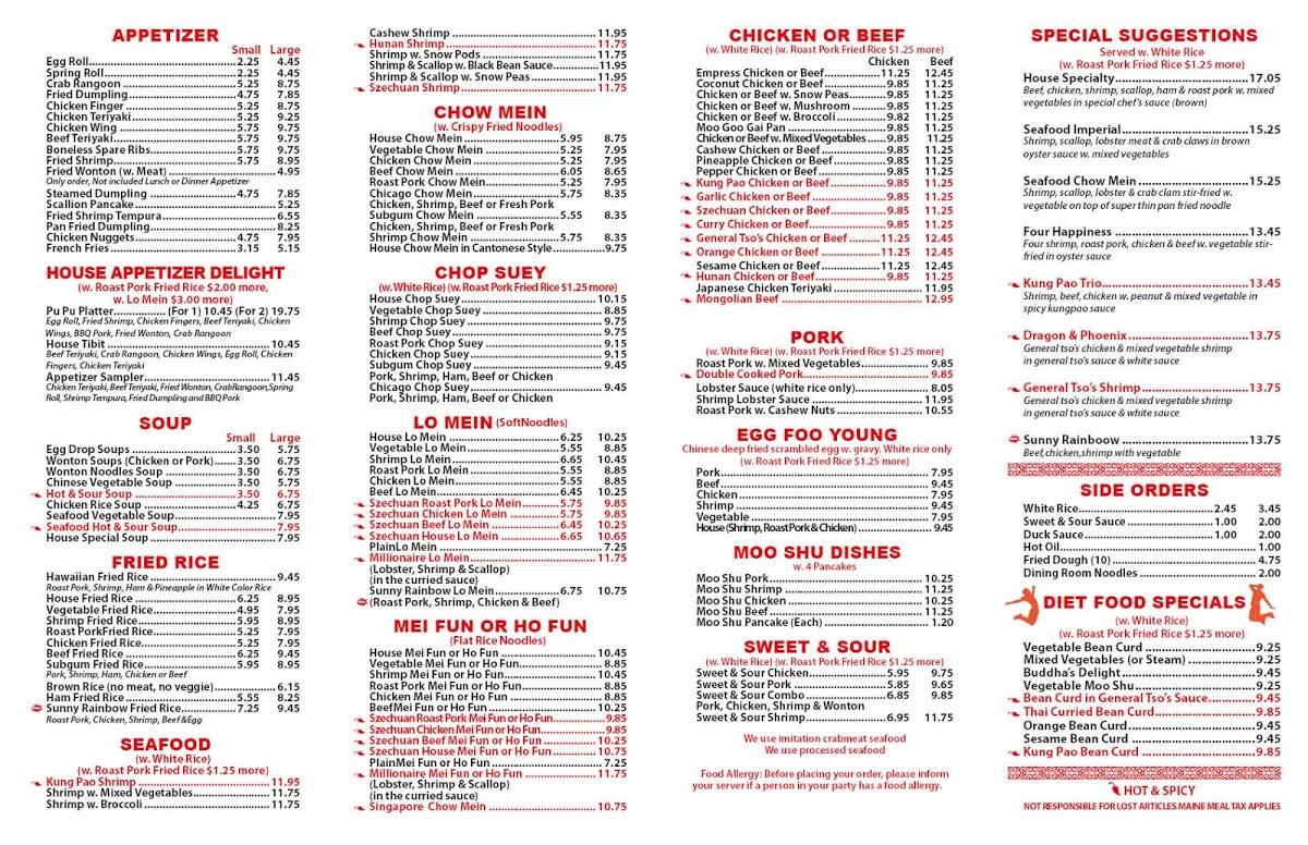 Menu at sunny rainbow restaurant, Standish
