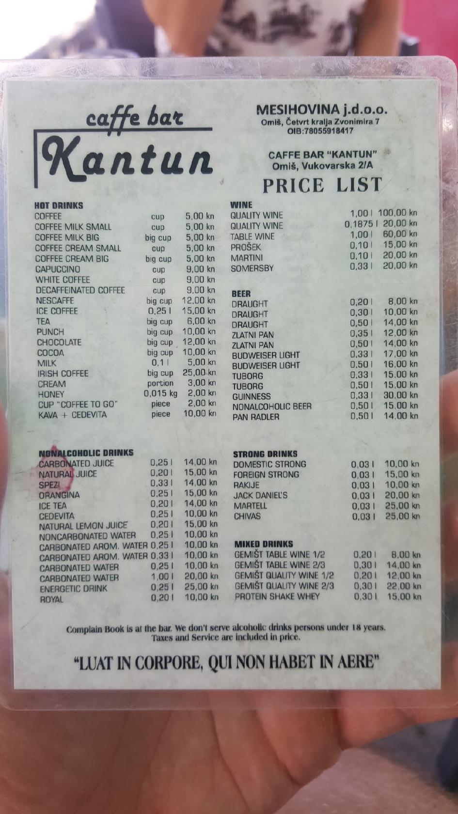 Menu di Caffe bar Kantun 