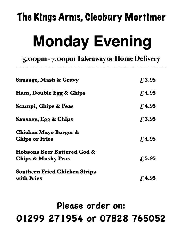 Menu at The Kings Arms pub & bar, Cleobury Mortimer