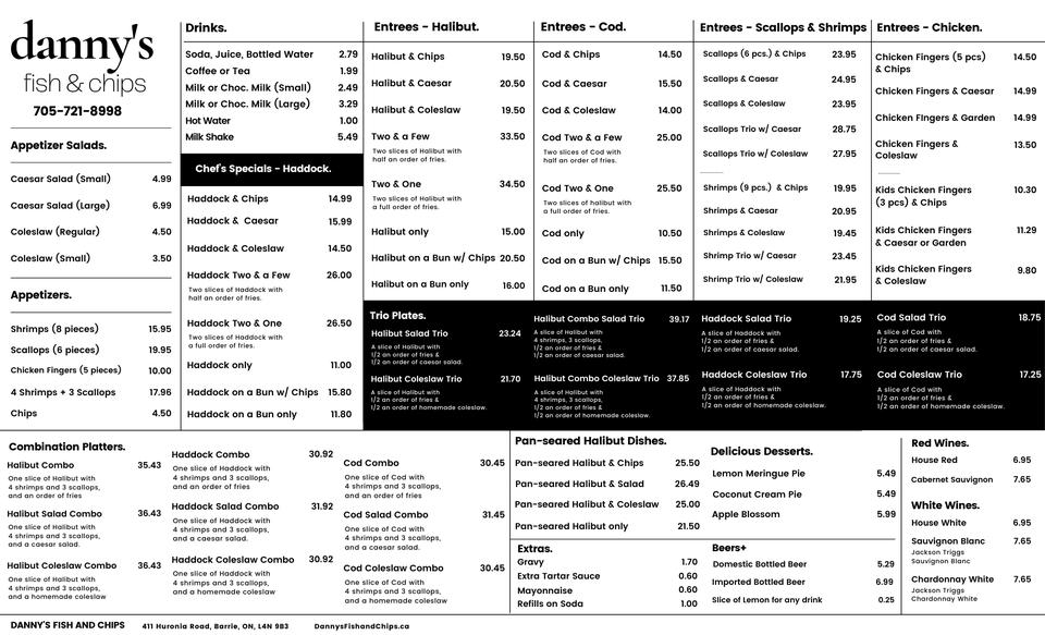 Menu at Danny's Fish and Chips restaurant, Barrie