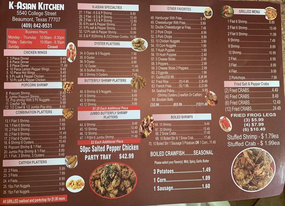 Menu at K Asian Kitchen restaurant, Beaumont, College St