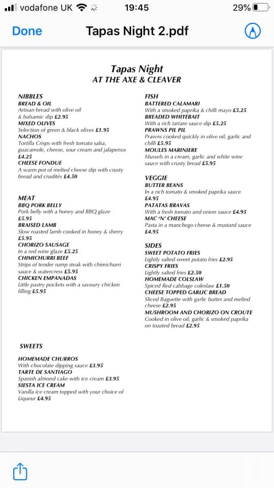 Menu at Axe & Cleaver pub & bar, England, A49