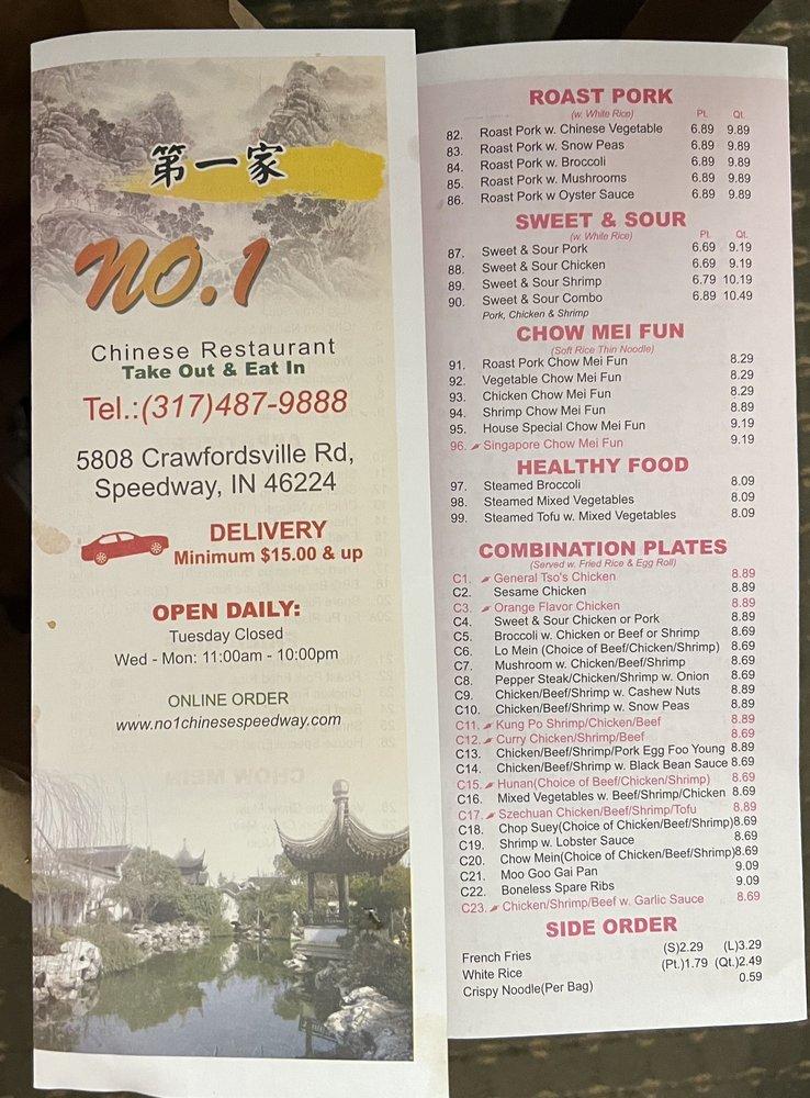 Menu at Number One Chinese restaurant, Speedway