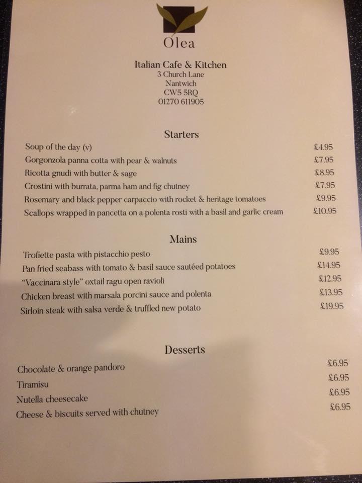 Menu at Olea, Nantwich cafe, Nantwich