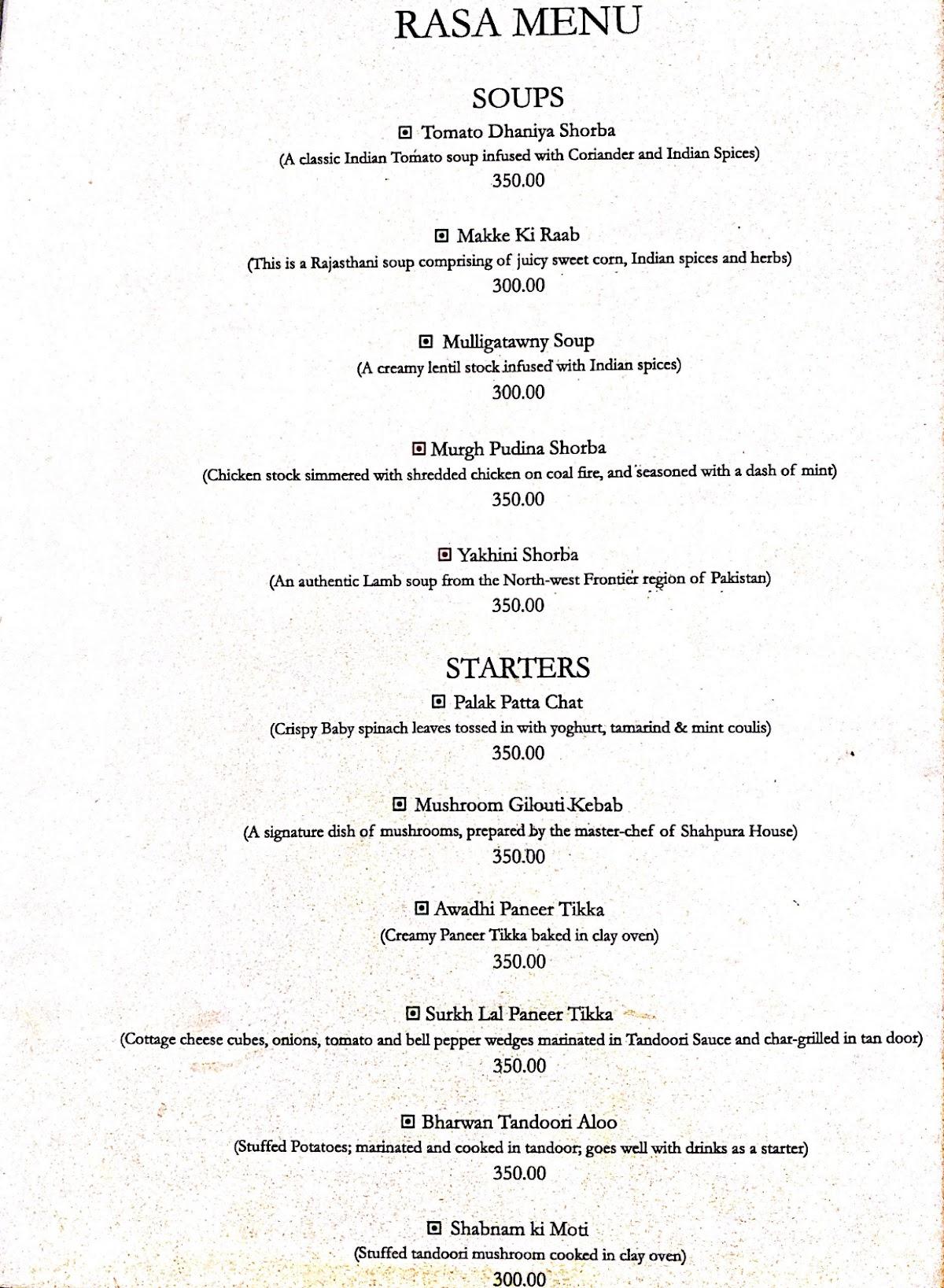 Rasa Restaurant menu