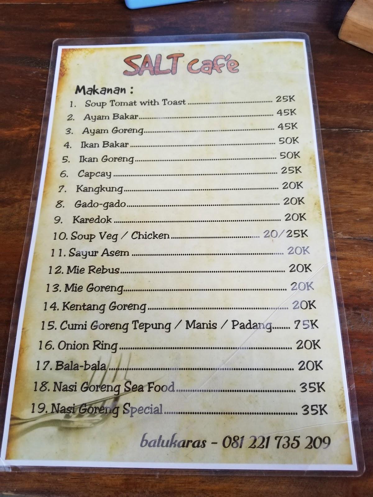 Menu At Salt Cafe Batukaras Jalan Pantai