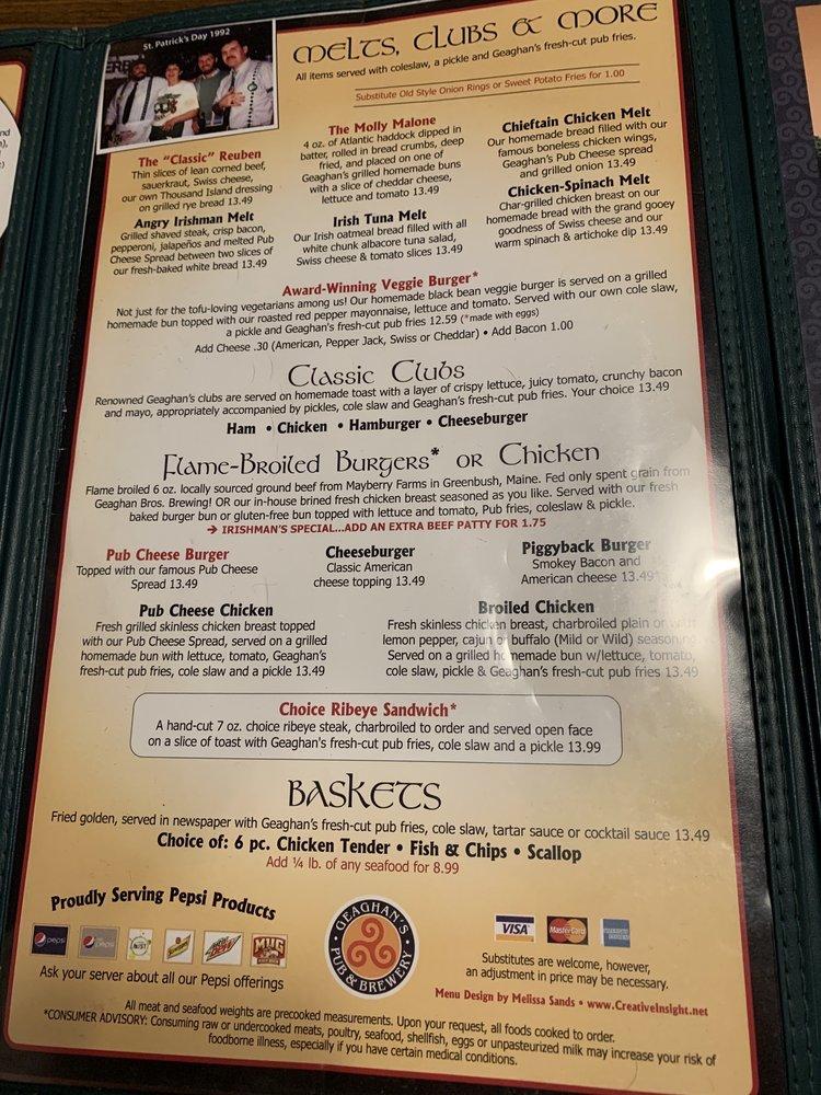 Menu at Geaghan's Pub & Craft Brewery, Bangor