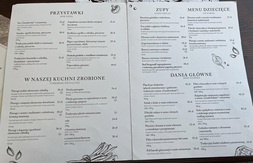 Menu at Morskie Oko restaurant, Kraków