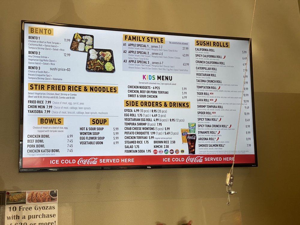 Menu at Apple Teriyaki restaurant, Steele St S