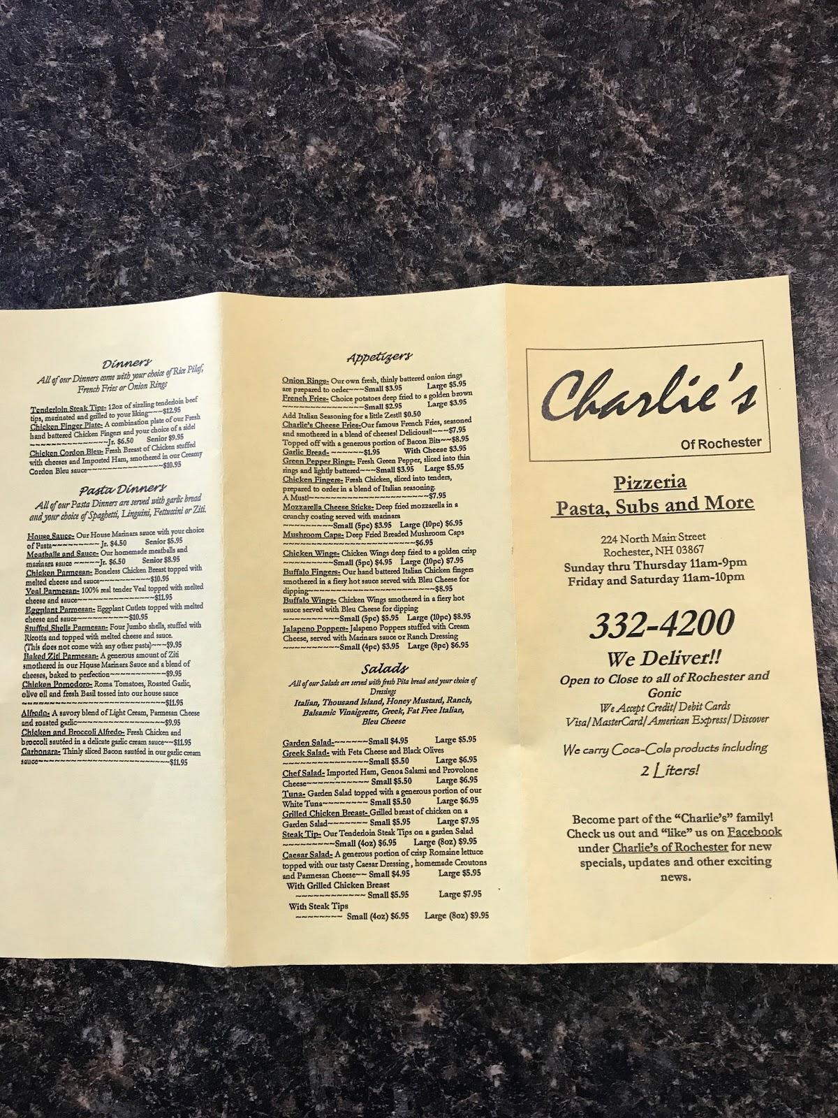 Menu at Charlie's of Rochester pizzeria, Rochester
